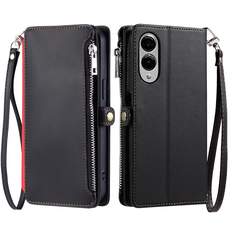For Samsung Galaxy S25 Edge Case TPU + PU Leather Wallet Phone Cover with Wrist Strap - Black
