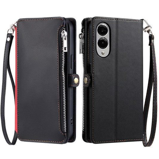 For Samsung Galaxy S25 Edge Case TPU + PU Leather Wallet Phone Cover with Wrist Strap - Black