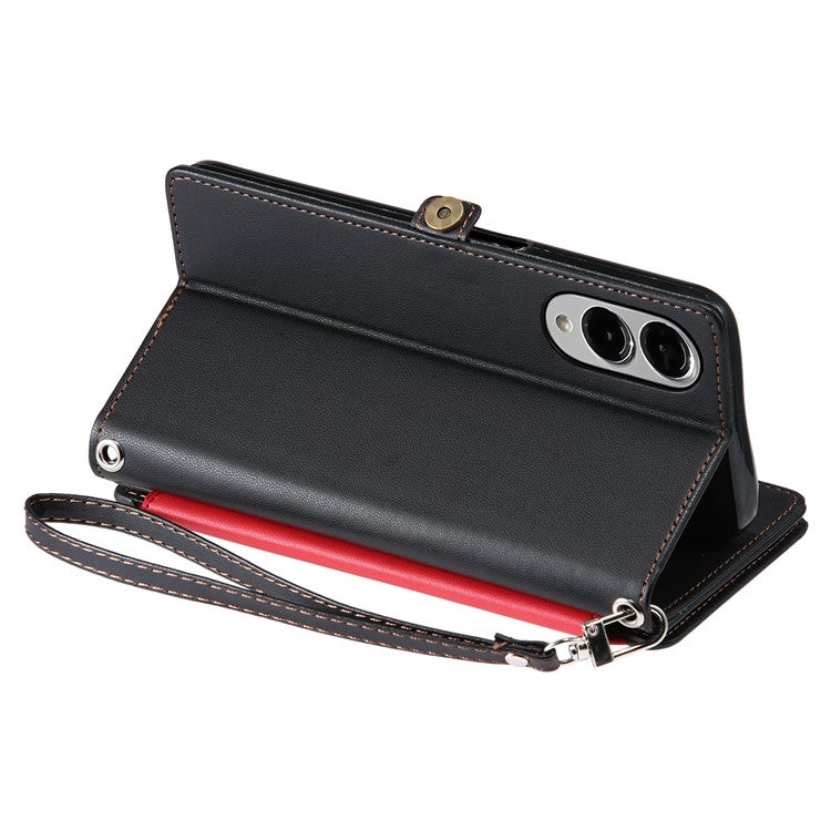 For Samsung Galaxy S25 Edge Case TPU + PU Leather Wallet Phone Cover with Wrist Strap - Black