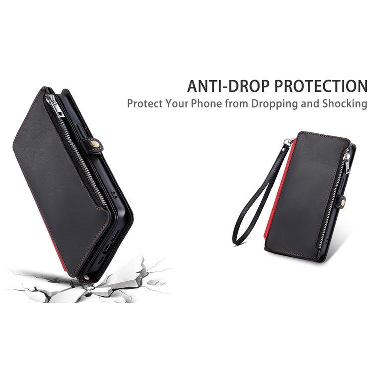 For Samsung Galaxy S25 Edge Case TPU + PU Leather Wallet Phone Cover with Wrist Strap - Black