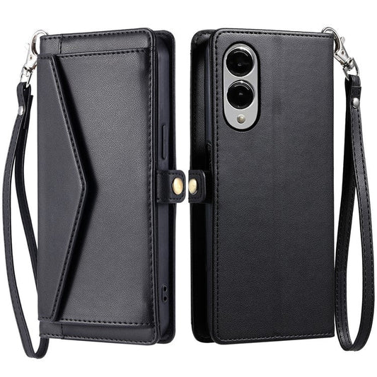 For Samsung Galaxy S25 Edge Leather Case with Wrist Strap Wallet Stand Phone Cover - Black