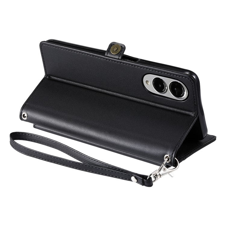 For Samsung Galaxy S25 Edge Leather Case with Wrist Strap Wallet Stand Phone Cover - Black