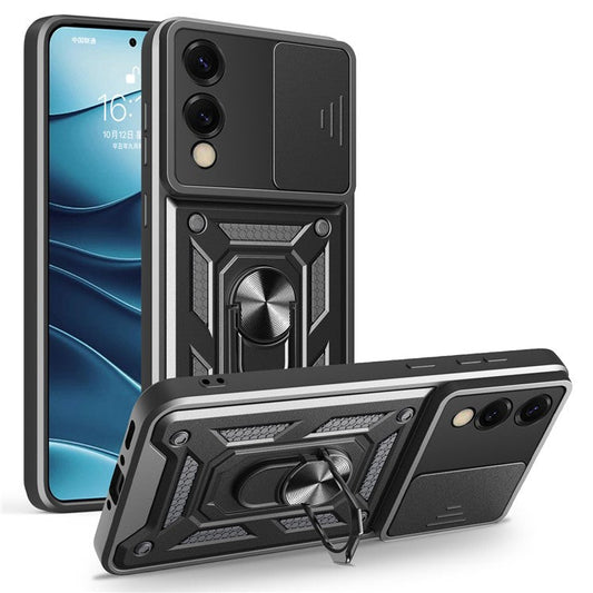 For Samsung Galaxy S25 Edge Case with Slide Camera Lid PC + TPU Kickstand Phone Cover - Black