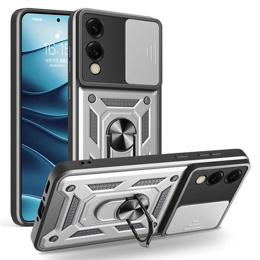 For Samsung Galaxy S25 Edge Case with Slide Camera Lid PC + TPU Kickstand Phone Cover - Silver