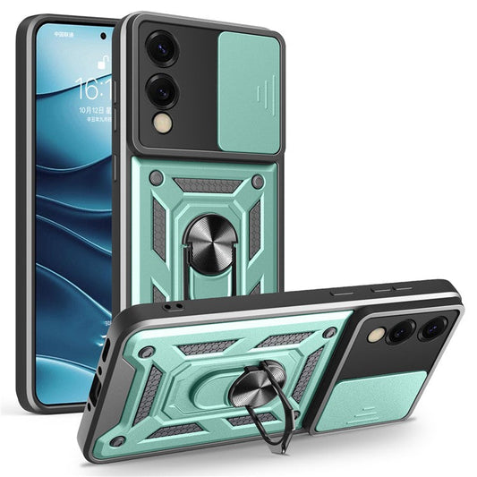 For Samsung Galaxy S25 Edge Case with Slide Camera Lid PC + TPU Kickstand Phone Cover - Green
