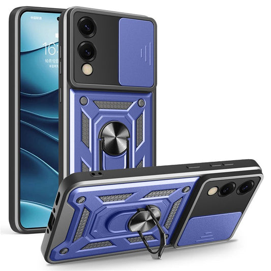 For Samsung Galaxy S25 Edge Case with Slide Camera Lid PC + TPU Kickstand Phone Cover - Blue