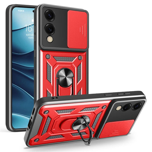 For Samsung Galaxy S25 Edge Case with Slide Camera Lid PC + TPU Kickstand Phone Cover - Red