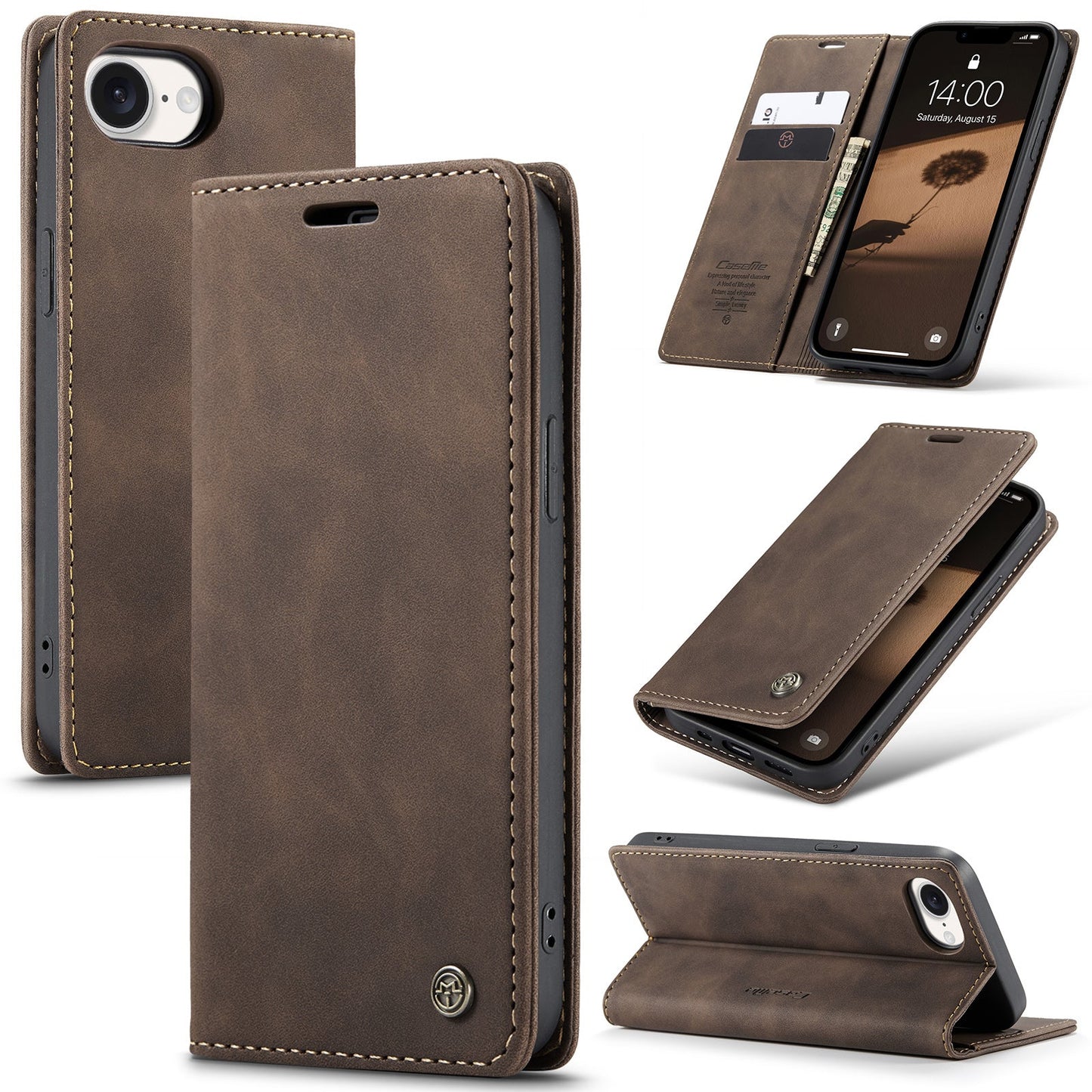 For iPhone 16e Wallet Case CASEME 013 Series PU Leather Phone Cover Stand - Coffee