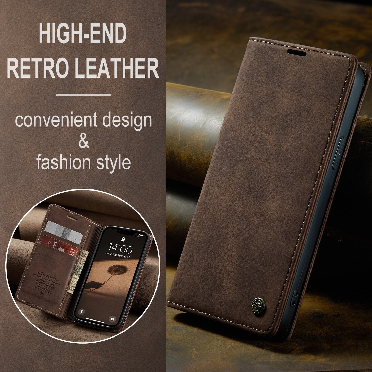 For iPhone 16e Wallet Case CASEME 013 Series PU Leather Phone Cover Stand - Coffee