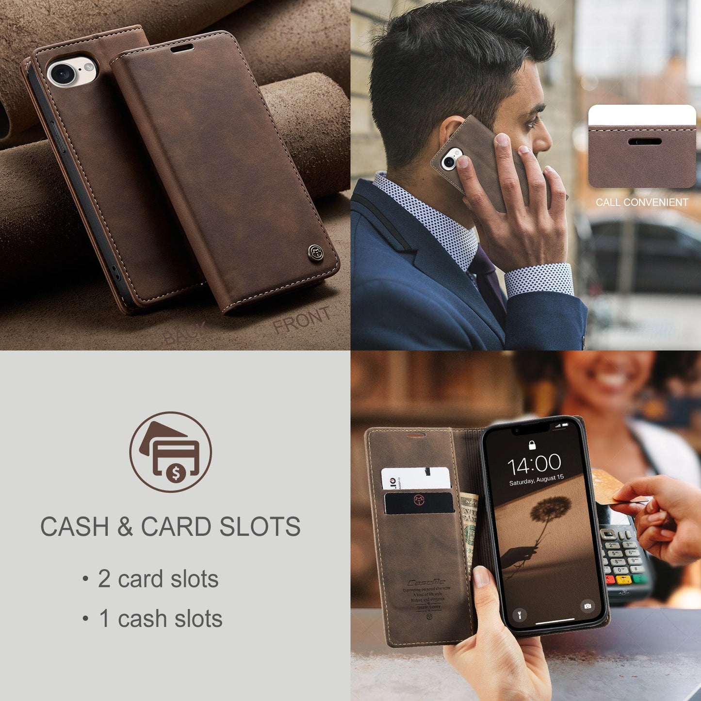 For iPhone 16e Wallet Case CASEME 013 Series PU Leather Phone Cover Stand - Coffee