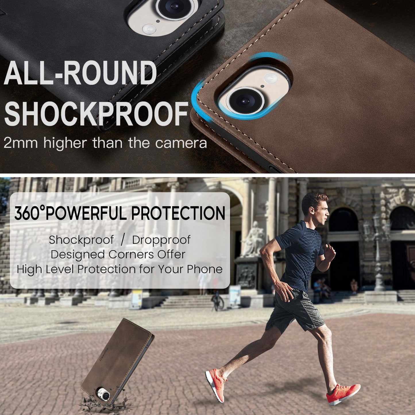 For iPhone 16e Wallet Case CASEME 013 Series PU Leather Phone Cover Stand - Coffee