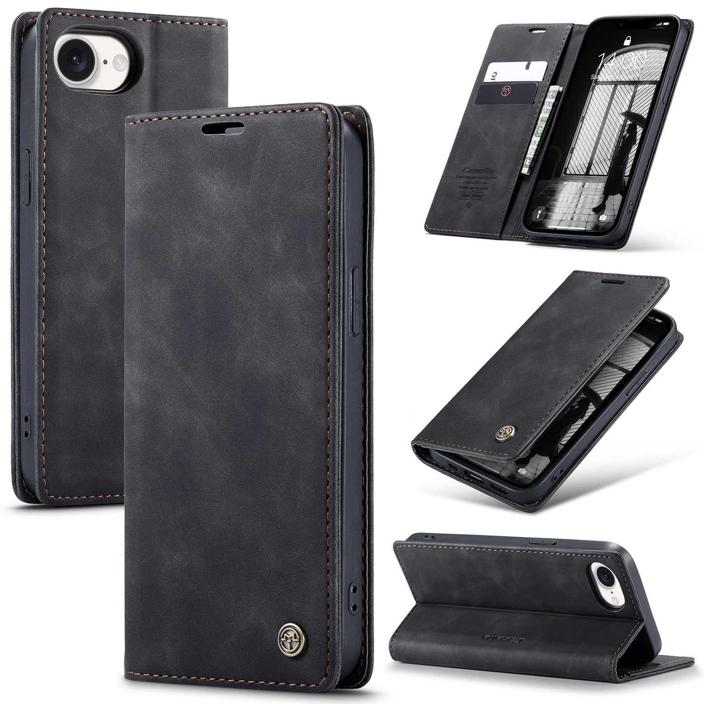 For iPhone 16e Wallet Case CASEME 013 Series PU Leather Phone Cover Stand - Black