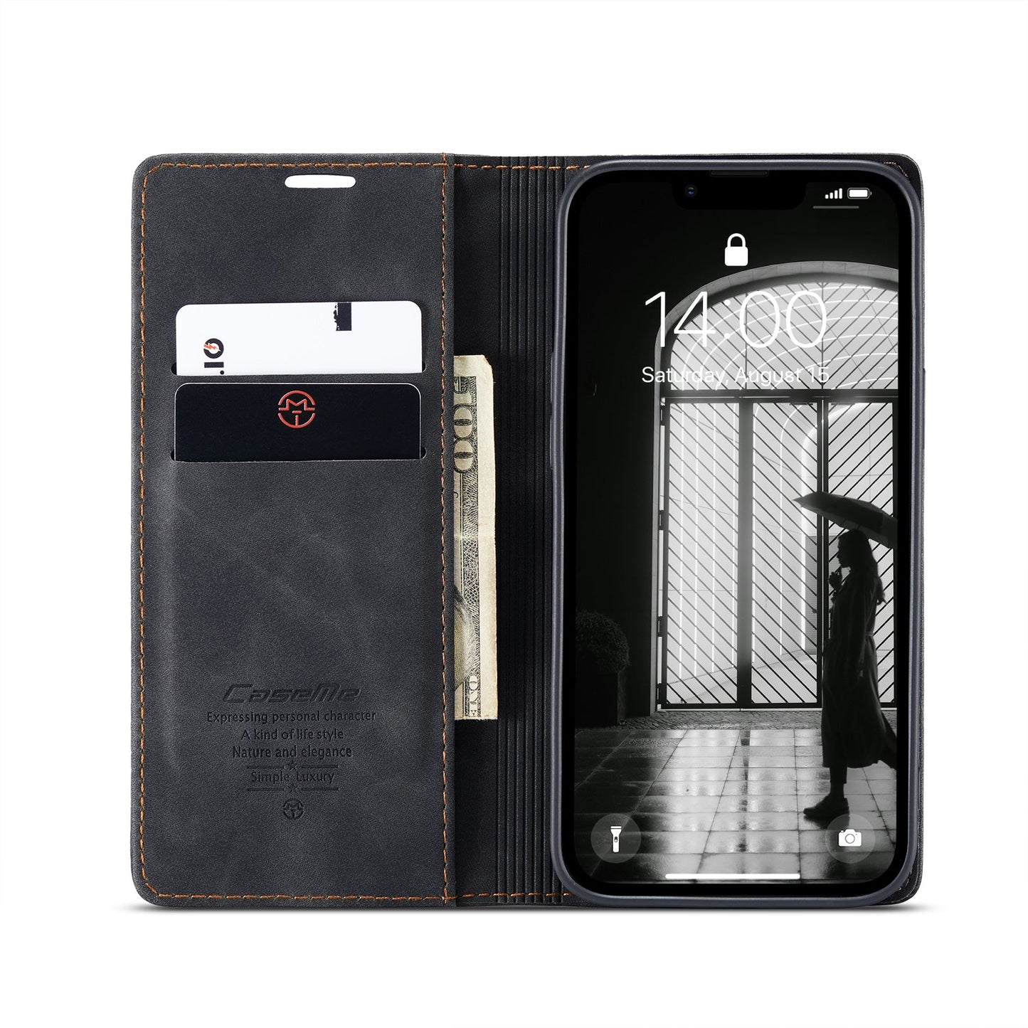 For iPhone 16e Wallet Case CASEME 013 Series PU Leather Phone Cover Stand - Black