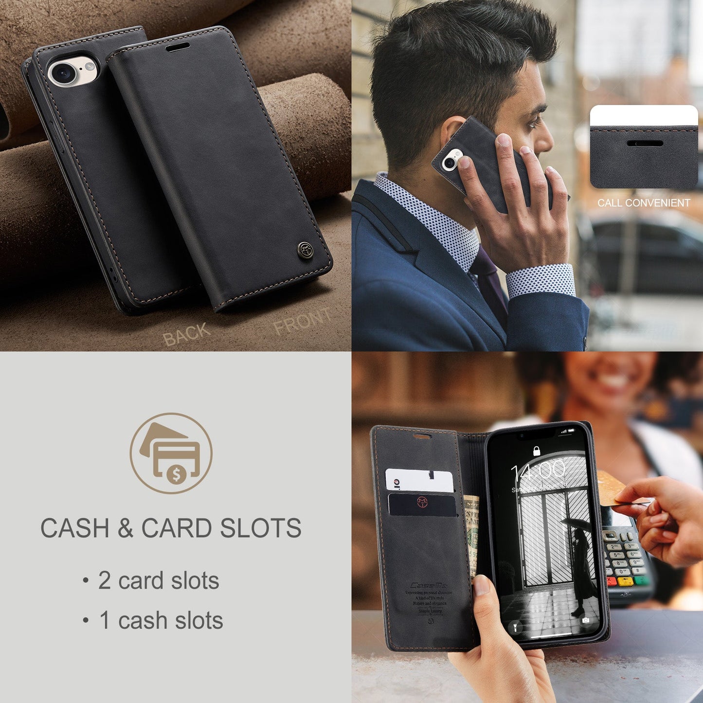 For iPhone 16e Wallet Case CASEME 013 Series PU Leather Phone Cover Stand - Black