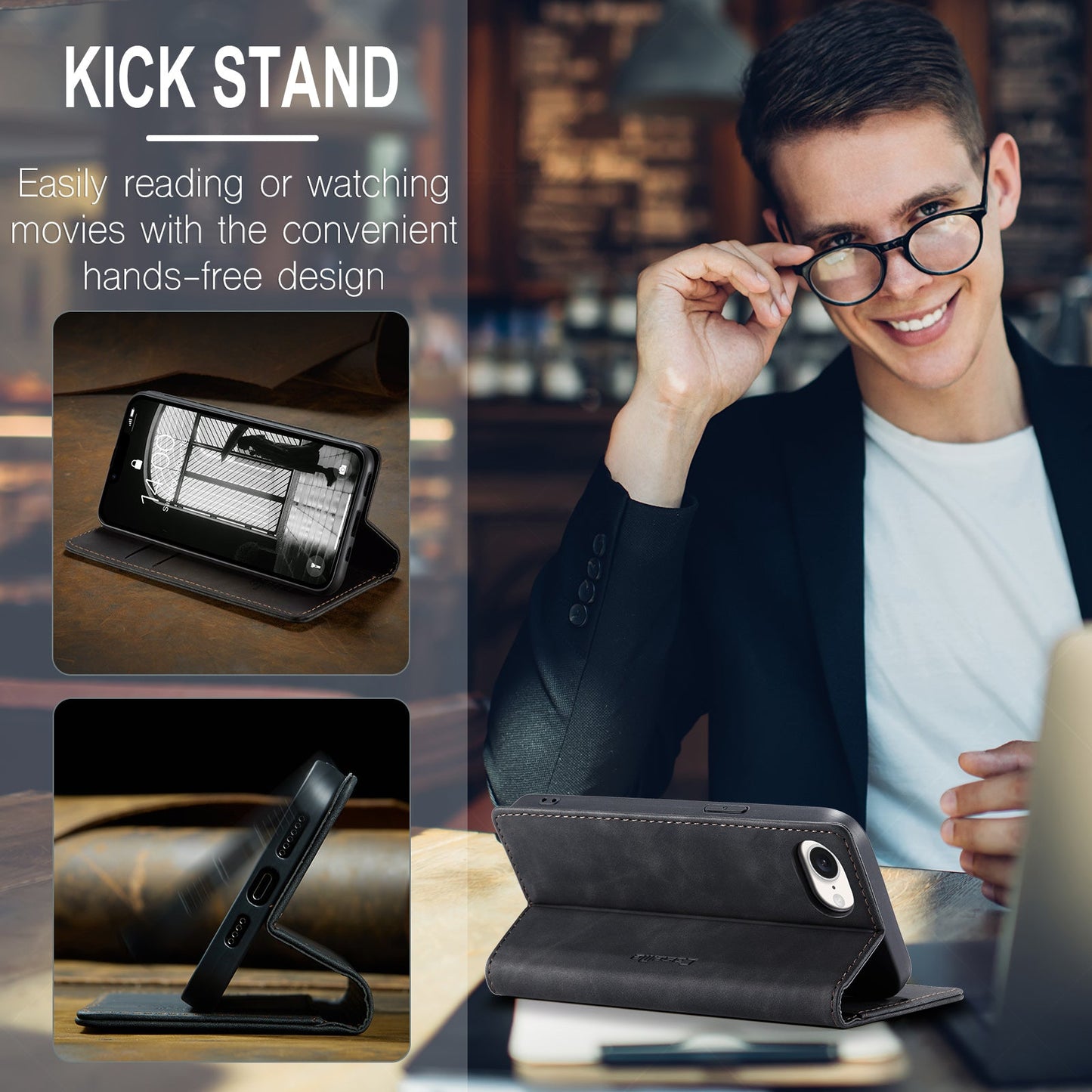 For iPhone 16e Wallet Case CASEME 013 Series PU Leather Phone Cover Stand - Black