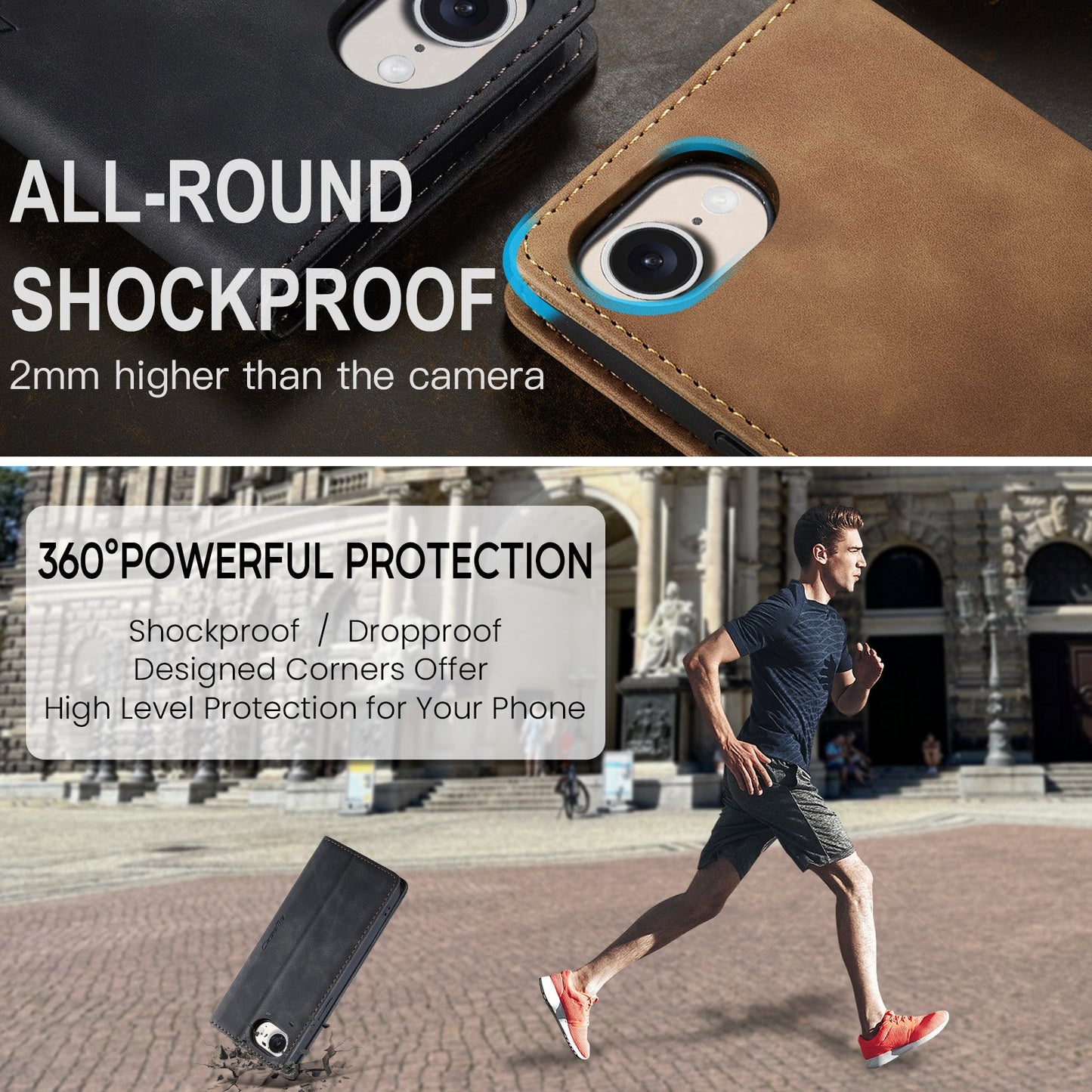 For iPhone 16e Wallet Case CASEME 013 Series PU Leather Phone Cover Stand - Black