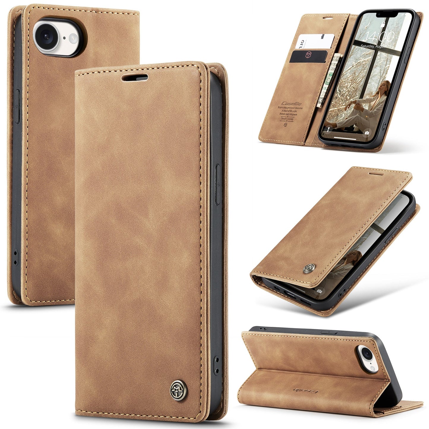 For iPhone 16e Wallet Case CASEME 013 Series PU Leather Phone Cover Stand - Brown