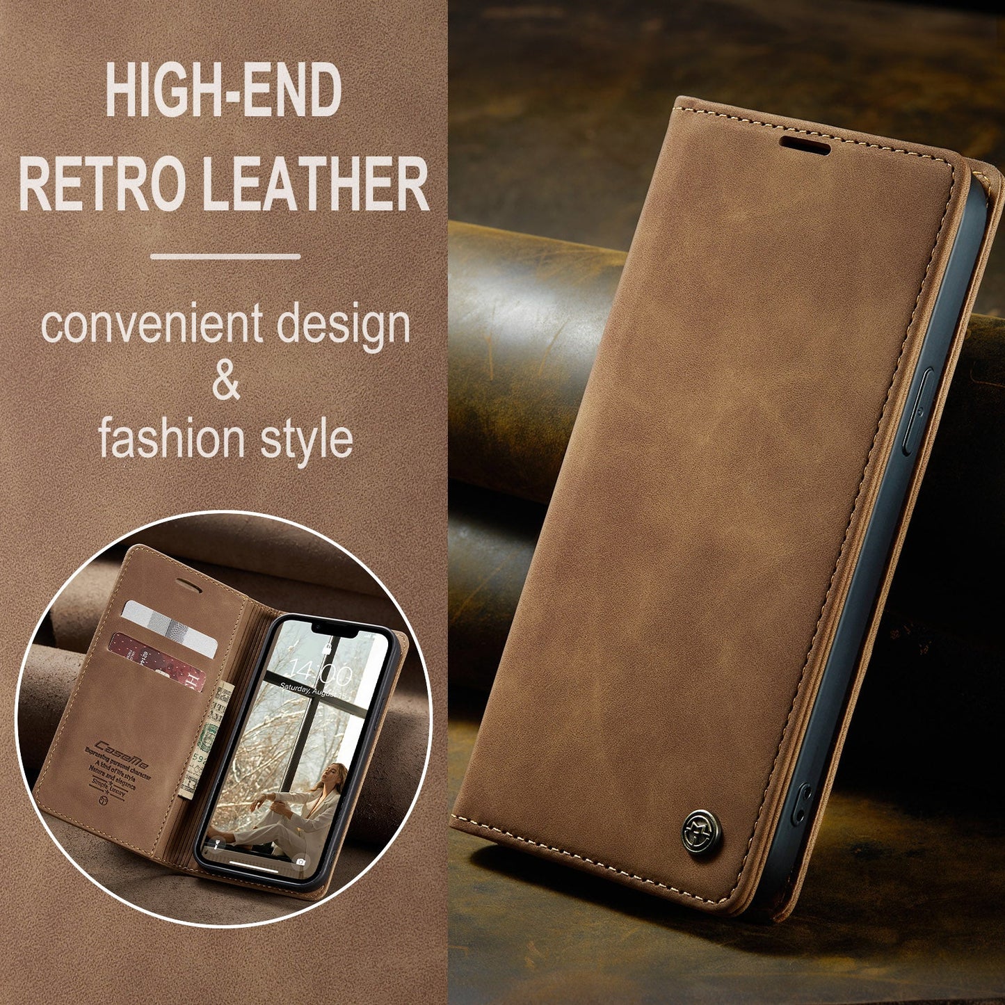 For iPhone 16e Wallet Case CASEME 013 Series PU Leather Phone Cover Stand - Brown