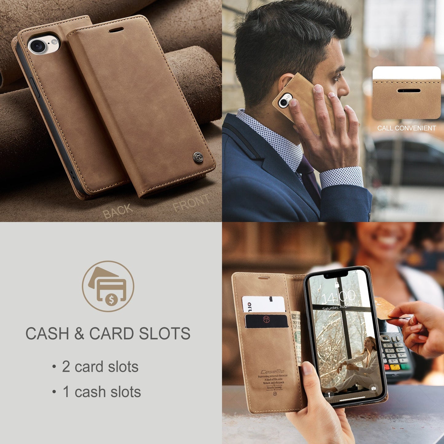 For iPhone 16e Wallet Case CASEME 013 Series PU Leather Phone Cover Stand - Brown