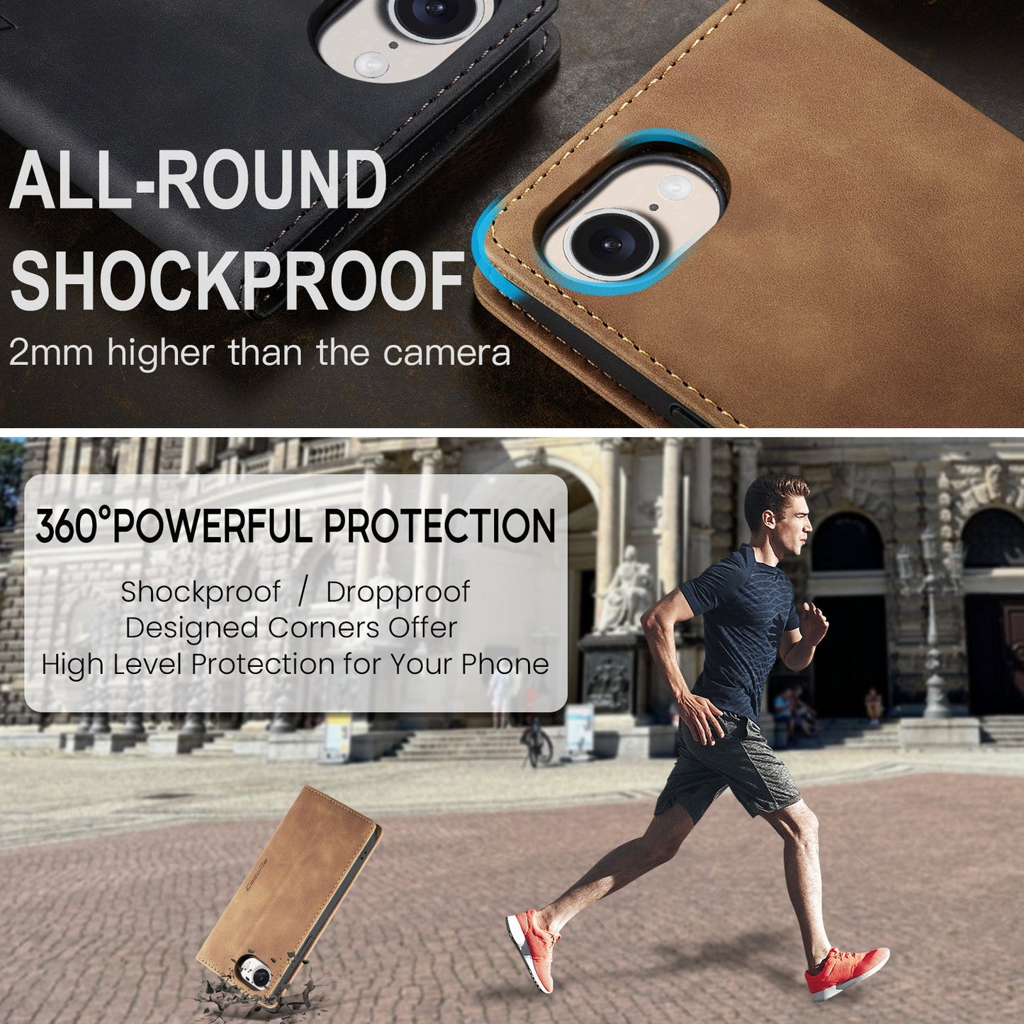 For iPhone 16e Wallet Case CASEME 013 Series PU Leather Phone Cover Stand - Brown