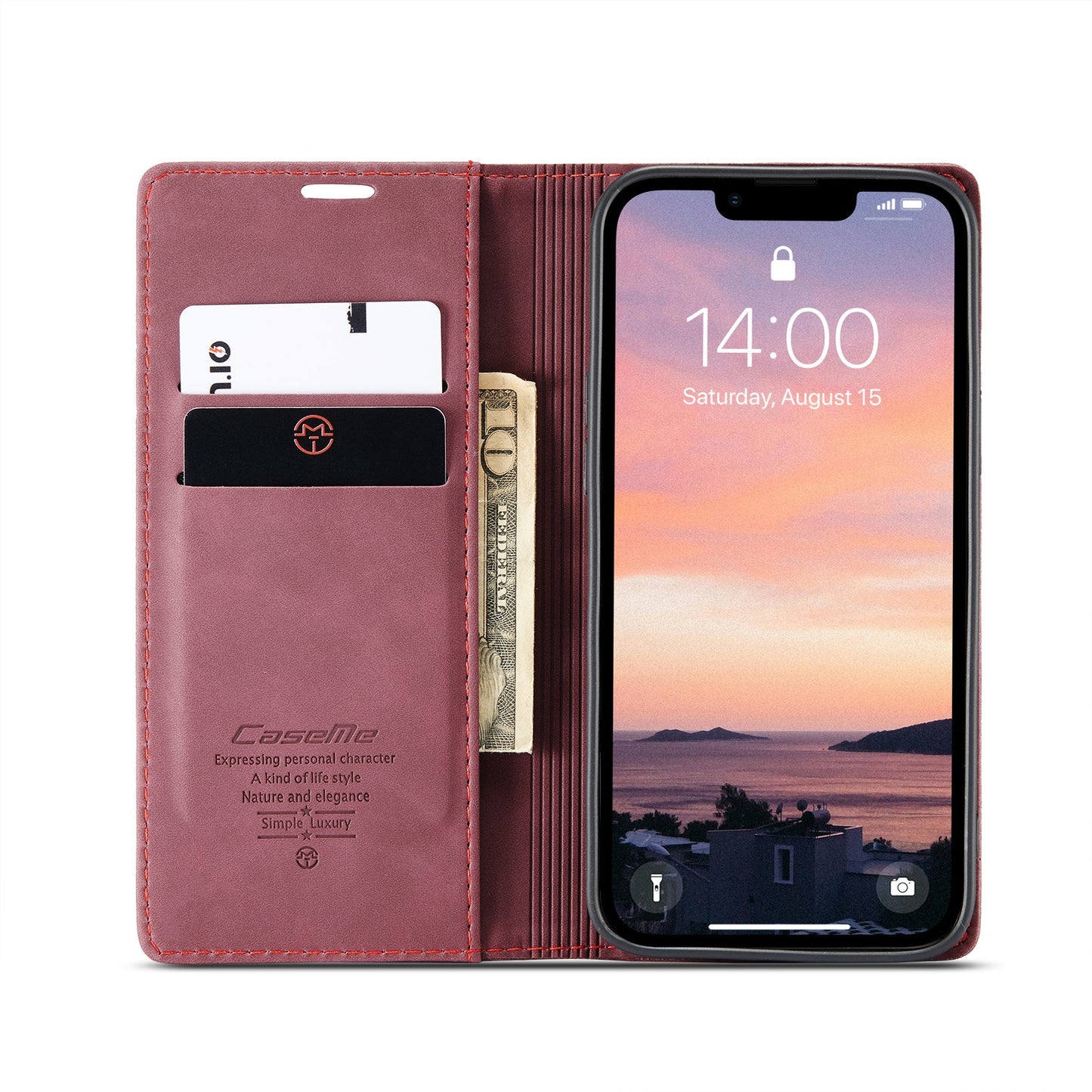 For iPhone 16e Wallet Case CASEME 013 Series PU Leather Phone Cover Stand - Red