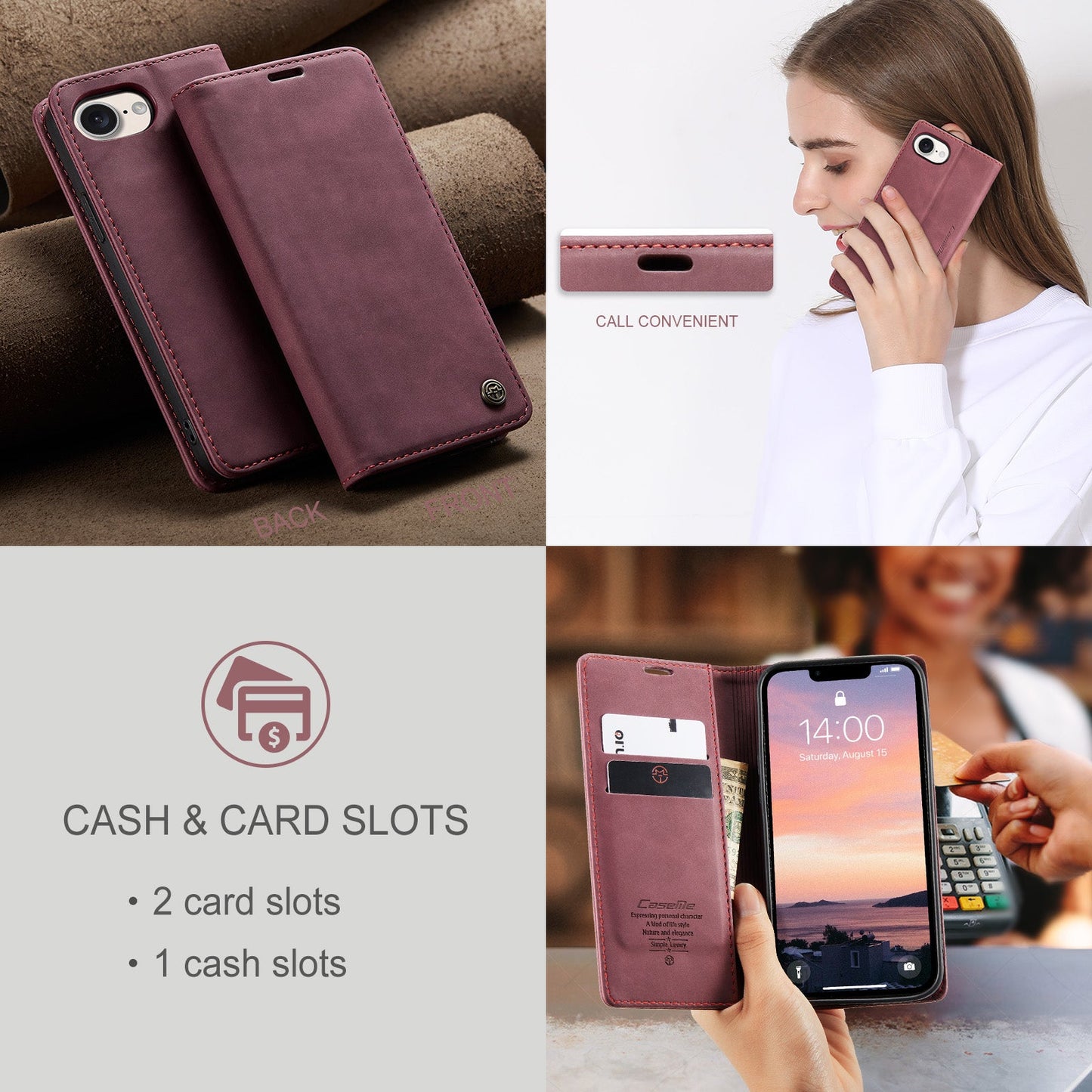 For iPhone 16e Wallet Case CASEME 013 Series PU Leather Phone Cover Stand - Red