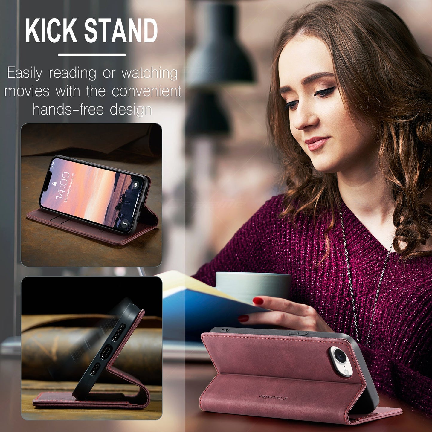 For iPhone 16e Wallet Case CASEME 013 Series PU Leather Phone Cover Stand - Red