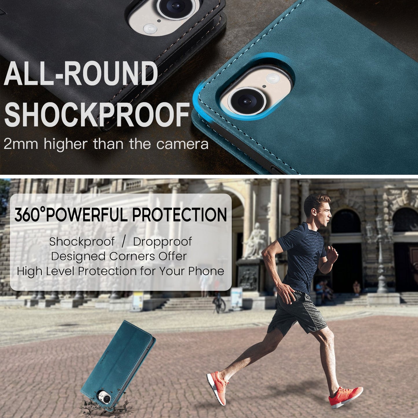 For iPhone 16e Wallet Case CASEME 013 Series PU Leather Phone Cover Stand - Blue