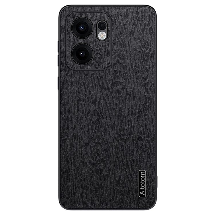 For Oppo Reno13 F 4G Case Wood Texture PU Leather Coated PC TPU Phone Cover - Black