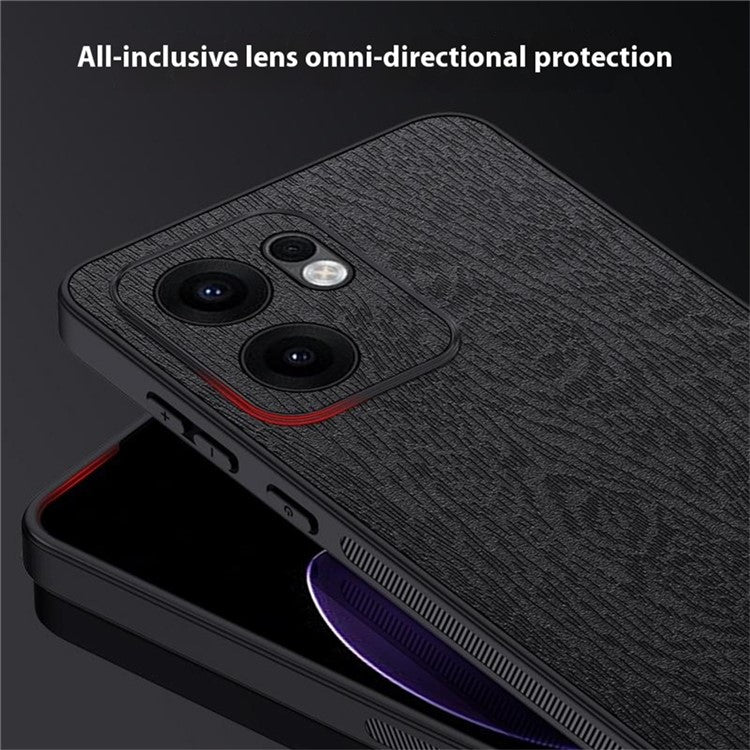 For Oppo Reno13 F 4G Case Wood Texture PU Leather Coated PC TPU Phone Cover - Black
