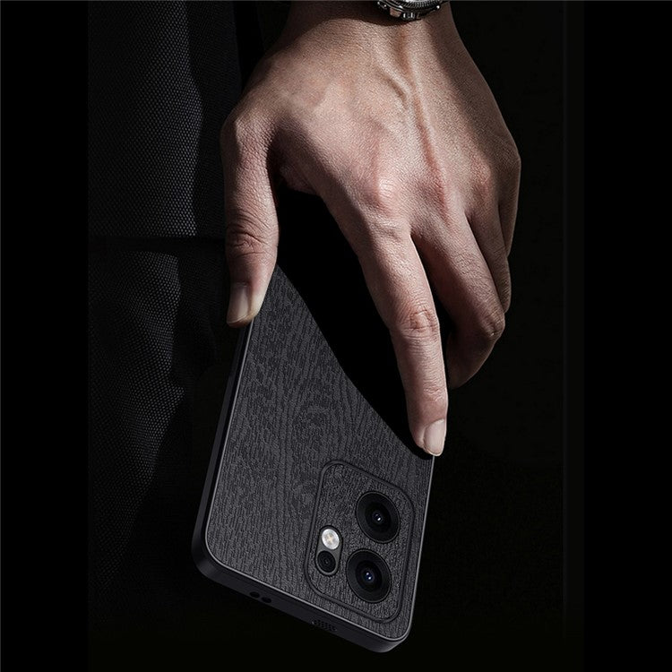 For Oppo Reno13 F 4G Case Wood Texture PU Leather Coated PC TPU Phone Cover - Black