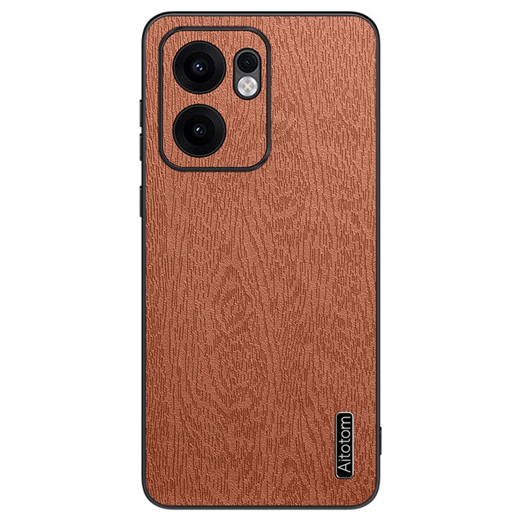 For Oppo Reno13 F 4G Case Wood Texture PU Leather Coated PC TPU Phone Cover - Brown