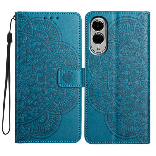 For Samsung Galaxy S25 Edge Wallet Phone Case Butterfly Floral Imprint Leather Flip Cover with Strap - Blue