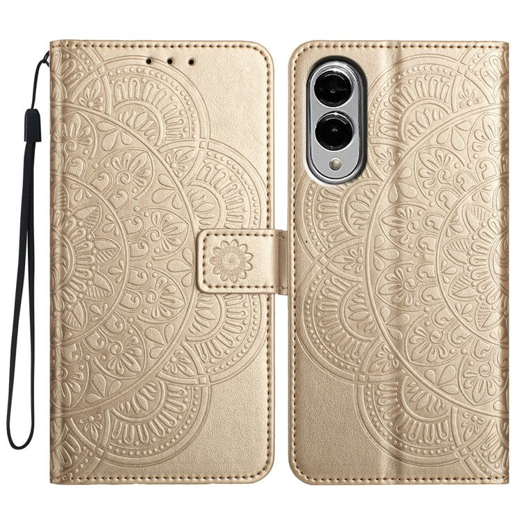 For Samsung Galaxy S25 Edge Wallet Phone Case Butterfly Floral Imprint Leather Flip Cover with Strap - Gold