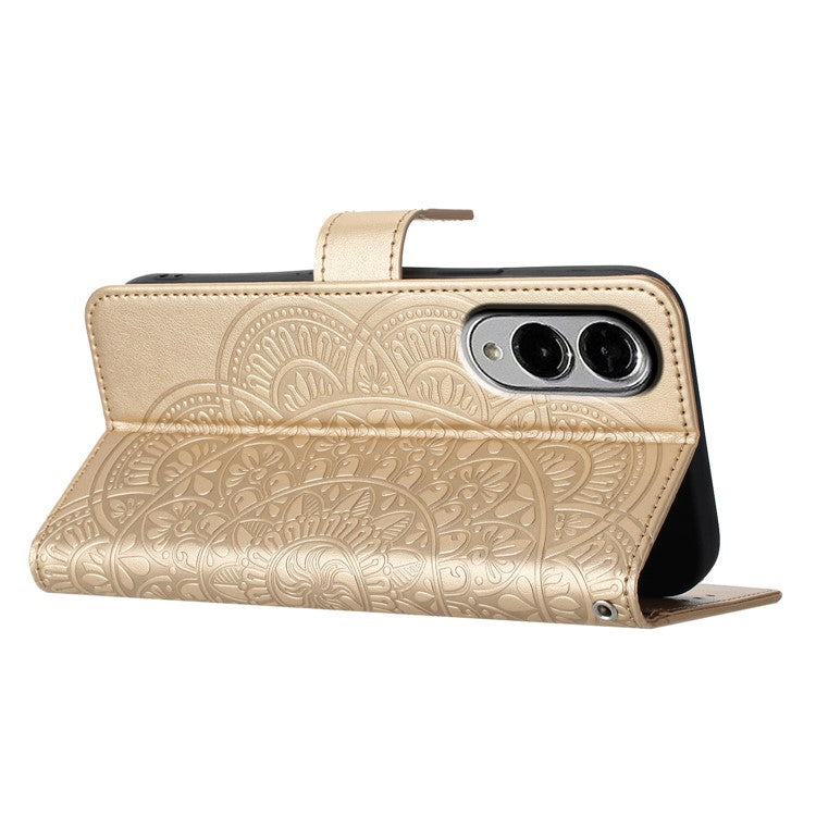 For Samsung Galaxy S25 Edge Wallet Phone Case Butterfly Floral Imprint Leather Flip Cover with Strap - Gold