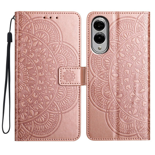 For Samsung Galaxy S25 Edge Wallet Phone Case Butterfly Floral Imprint Leather Flip Cover with Strap - Rose Gold