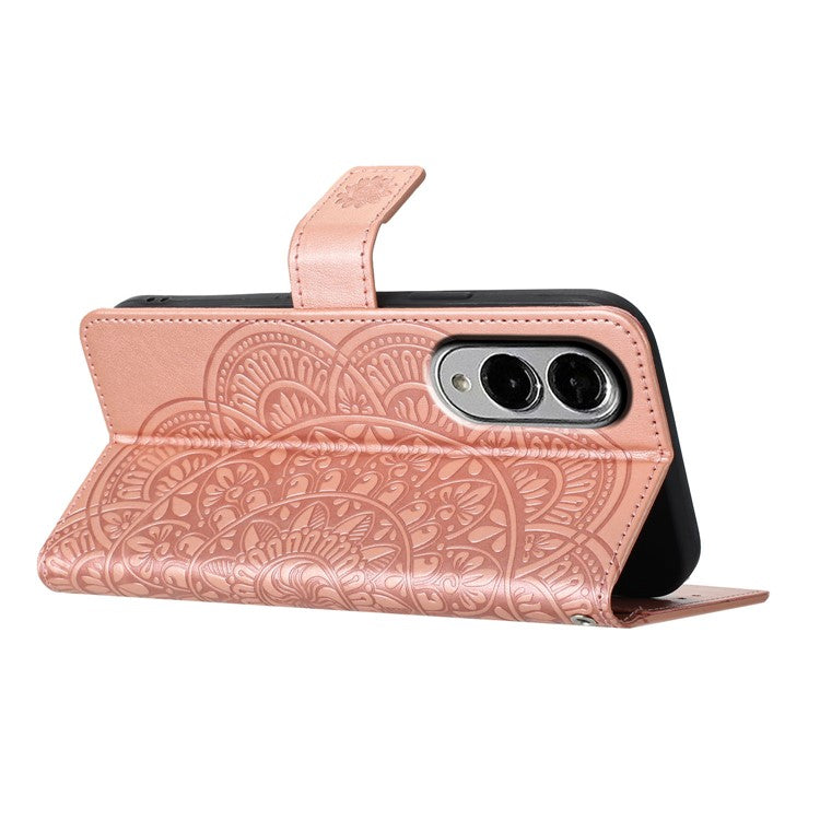 For Samsung Galaxy S25 Edge Wallet Phone Case Butterfly Floral Imprint Leather Flip Cover with Strap - Rose Gold