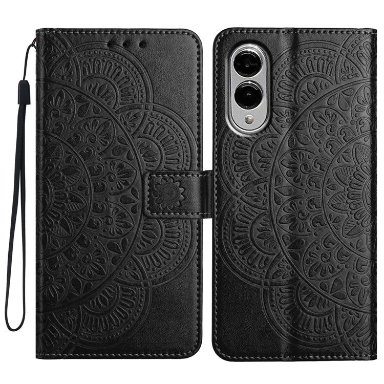 For Samsung Galaxy S25 Edge Wallet Phone Case Butterfly Floral Imprint Leather Flip Cover with Strap - Black