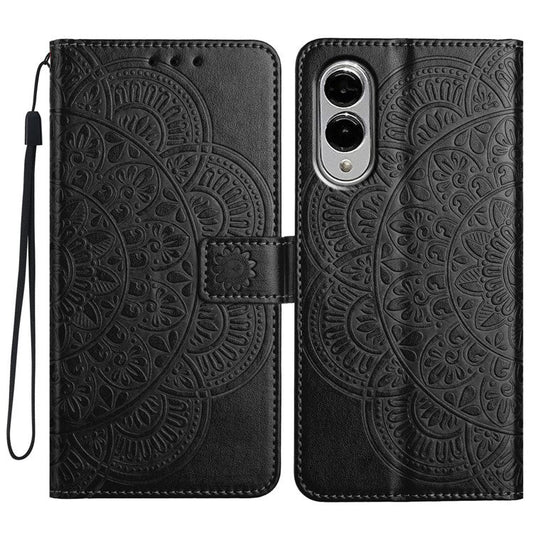 For Samsung Galaxy S25 Edge Wallet Phone Case Butterfly Floral Imprint Leather Flip Cover with Strap - Black