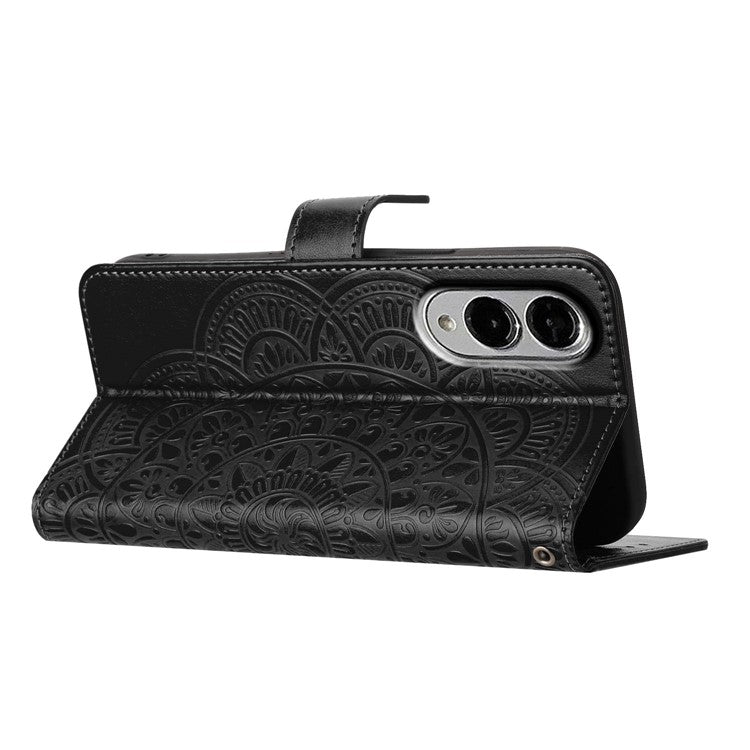 For Samsung Galaxy S25 Edge Wallet Phone Case Butterfly Floral Imprint Leather Flip Cover with Strap - Black