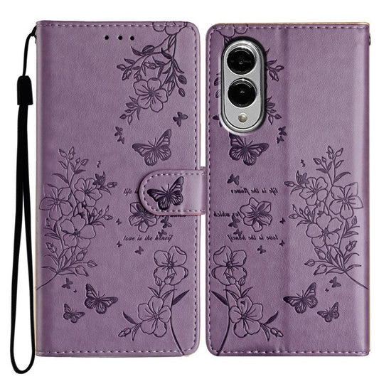 For Samsung Galaxy S25 Edge Wallet Phone Case Butterfly Floral Imprint Leather Flip Cover with Strap - Purple