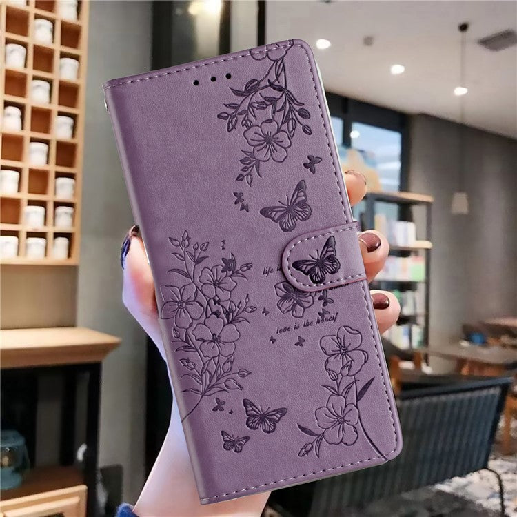 For Samsung Galaxy S25 Edge Wallet Phone Case Butterfly Floral Imprint Leather Flip Cover with Strap - Purple