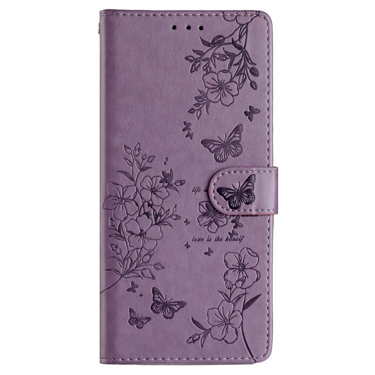 For Samsung Galaxy S25 Edge Wallet Phone Case Butterfly Floral Imprint Leather Flip Cover with Strap - Purple