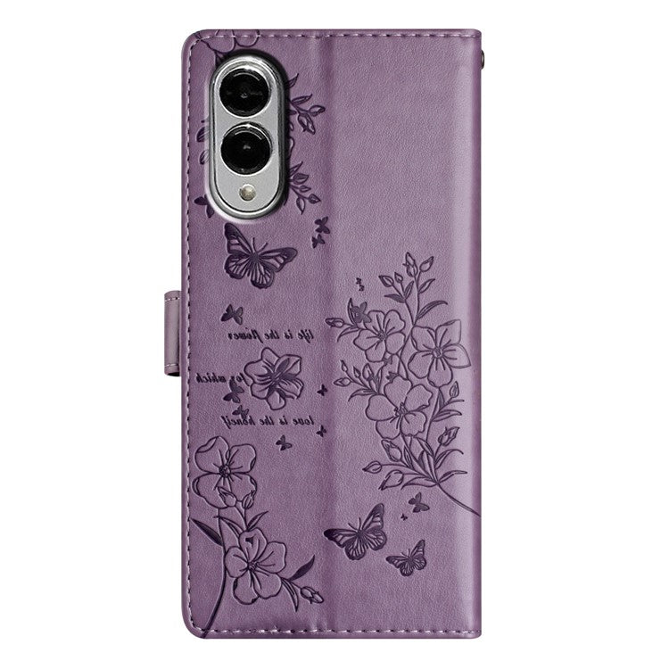 For Samsung Galaxy S25 Edge Wallet Phone Case Butterfly Floral Imprint Leather Flip Cover with Strap - Purple