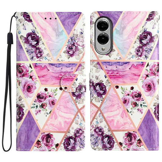 For Samsung Galaxy S25 Edge Wallet Case PU Leather Pattern Printing Stand Phone Cover with Strap - Purple Flowers