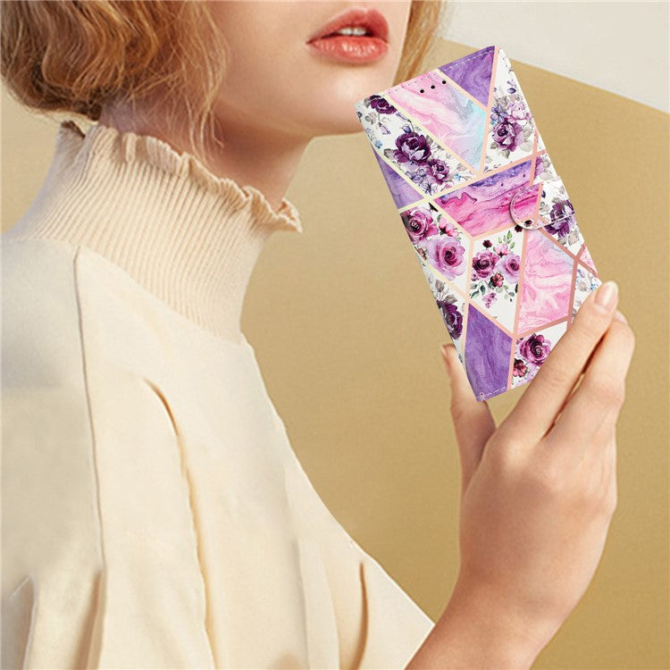 For Samsung Galaxy S25 Edge Wallet Case PU Leather Pattern Printing Stand Phone Cover with Strap - Purple Flowers