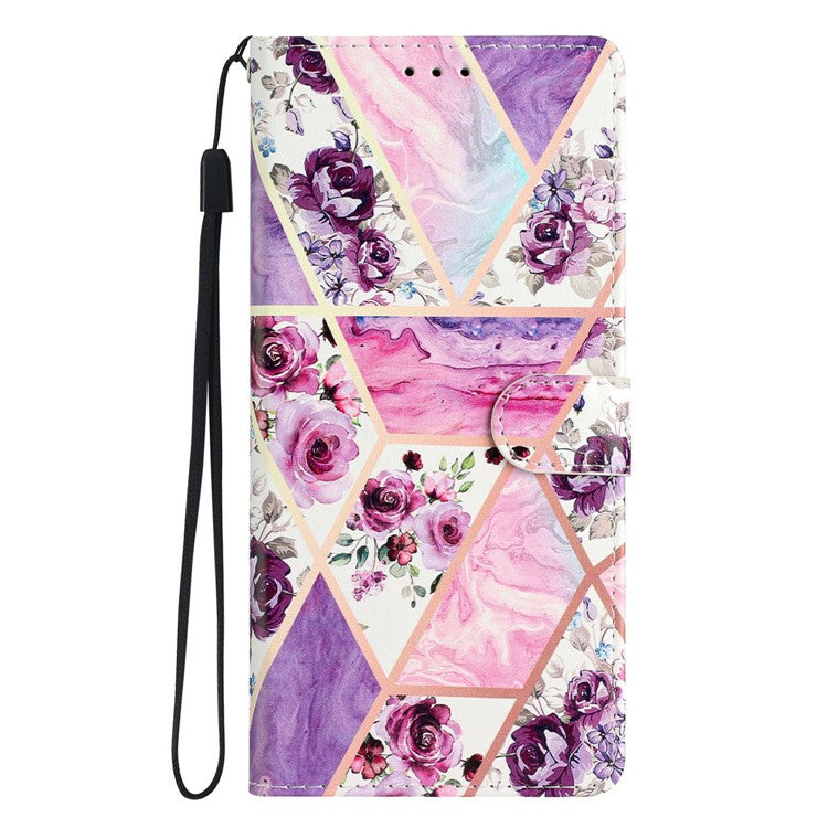 For Samsung Galaxy S25 Edge Wallet Case PU Leather Pattern Printing Stand Phone Cover with Strap - Purple Flowers