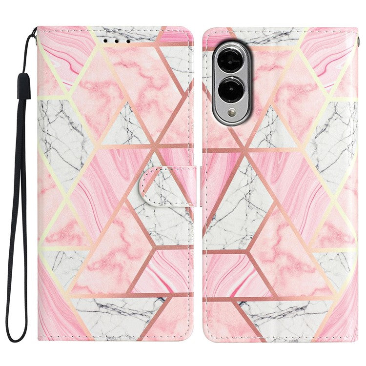 For Samsung Galaxy S25 Edge Wallet Case PU Leather Pattern Printing Stand Phone Cover with Strap - Pink Marble