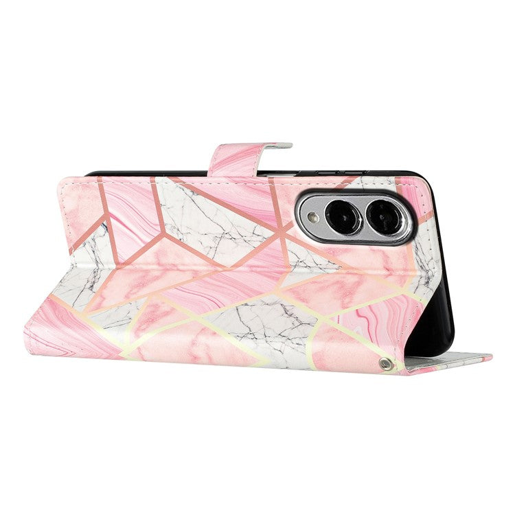 For Samsung Galaxy S25 Edge Wallet Case PU Leather Pattern Printing Stand Phone Cover with Strap - Pink Marble