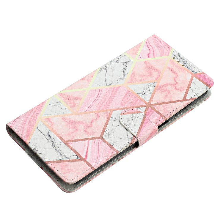 For Samsung Galaxy S25 Edge Wallet Case PU Leather Pattern Printing Stand Phone Cover with Strap - Pink Marble